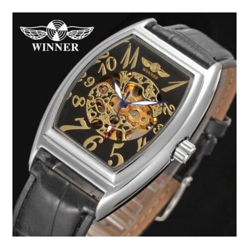 Fashion WINNER Top Brand Automatic Mechanical Watches Oval Dial Black Leather Self wind Male Mens Wristwatch Relogio Masculino