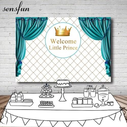 Sensfun Teal Color Curtain Gold Crown Plaid Prince Boys Birthday Party Photography Backdrop Backgrounds For Photo Studio 7x5ft