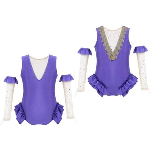 Girls Performance Dancewear Sets Tulle Splice Lace Trim Ballet Leotard Kids Ruffle Gymnastics Jumpsuit with Arm Sleeves