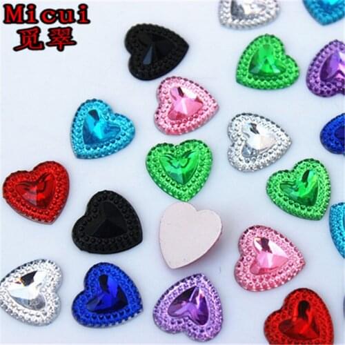 Micui 100pcs 12mm Heart Shape Acrylic Rhinestones Flat Back Flat Facets Many Colors For Glue On Beads DIY Jewelry Making MC456