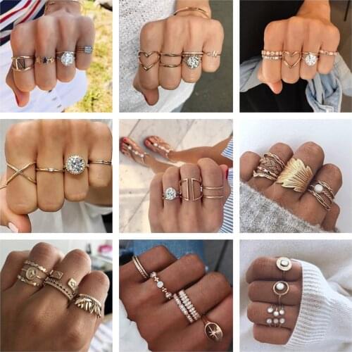 Docona 14 Style Vintage Gold Color Love Star Letter Ring Set for Women Crystal Geometric Knuckle Midi Rings Anillos Jewelry