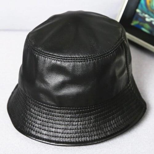 XdanqinX Elegant Women Bucket Hats Genuine Leather Hat New Trend Mens Flat Caps Autumn Sheepskin Leather Caps Couple Black Cap