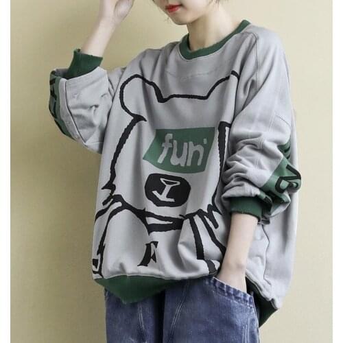 Literary plus size womens loose long-sleeved pullover autumn new letter print pattern round neck all-match casual top