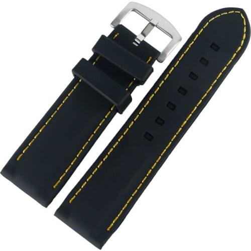 20/22/24/26mm Watch Strap Band Rubber Military Soft Yellow Line Stitching Waterproof Stainless Steel Pin Buckle Black Silicone