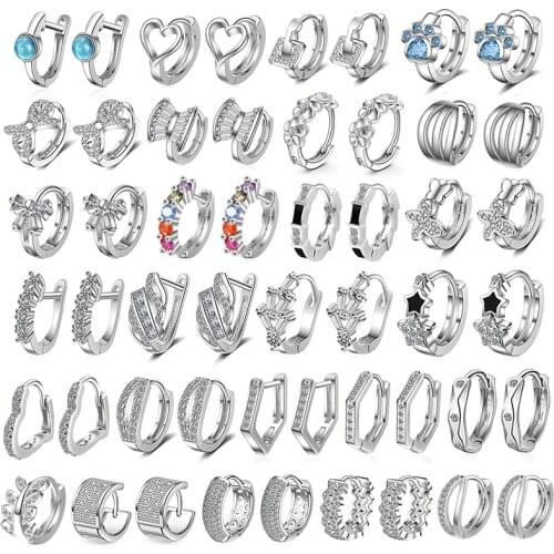 SOHOT 925 Sterling Silver Hoop Huggie Rhinestone Earrings Bow Star Leaf Butterfly Heart Crystal Chic Wholesale Cute New Geometry