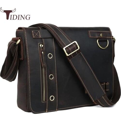Tiding Vintage Thick Genuine Leather Messenger Shoulder Bags fit for 13 inch Laptop Casual Solid Soft Cover Mans Bag Brown 1006