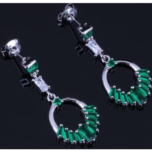 Sparkling Green Cubic Zirconia White CZ Silver Plated Drop Dangle Earrings V0734
