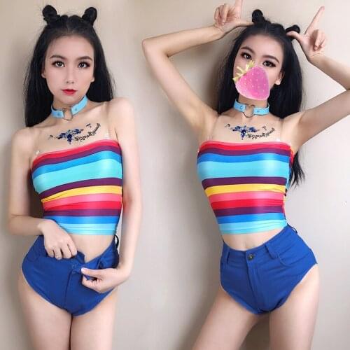 Jazz Dance Costumes Lady Stage Clothes For Singers Nightclub Dj Party Outfits Colorful Striped Wrapped Chest Top Shorts DNV13336