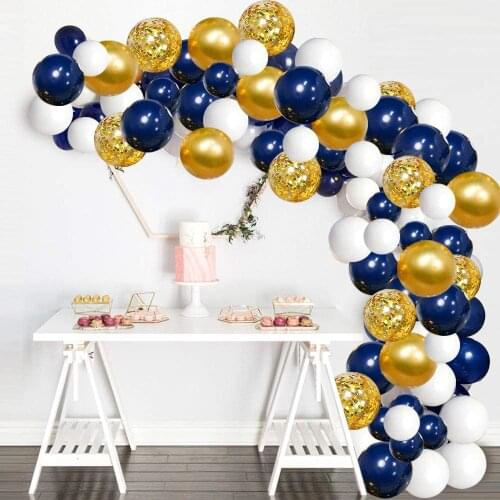 Navy Blue Balloons Garland Kit, 120 pcs Navy and Gold Confetti White Balloons Arch with 16ft Tape Strip & Dot Glue for Party Wed