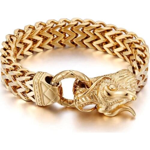 Vintage Design Bracelet Chain 316L Stainless Steel Gold Dragon Figaro Link Chain Mens Boys Bracelet Bangle 8.66inch 17mm Wide