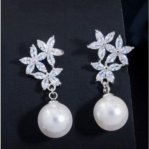 ThreeGraces Romantic Women Jewelry Gifts Silver Color Cubic Zirconia Cute Tree Flower Earrings With Synthetic Pearl ER300