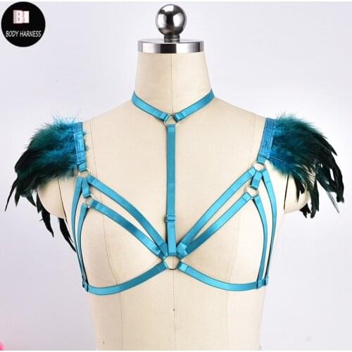 Feather Epaulettes Harness Bra Woman Punk Body Cage Sexy Bondage Lingerie Body Harness Belt Rave Adjust Open Chest Cage Bra