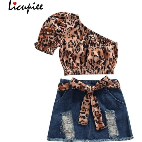 1-6 Years Clothing Sets Girls Outfits Two Piece Suit Fashion Leopard 1-shoulder T-shirt and Ripped Denim Short Skirt