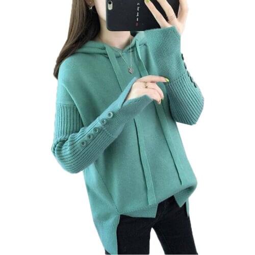 2021Autumn New Womens Hooded Pullover Knitted Sweater Women Loose Solid Color Button Long Sleeve Knitting Jumper Sweater Tops