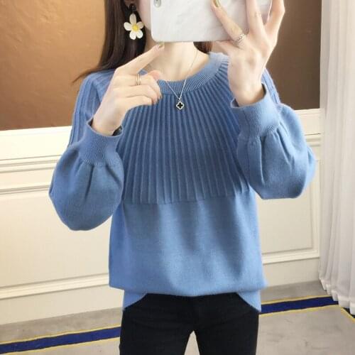 O-Neck Fad Autumn Spring Womans Knit Sweater Lantern Sleeve Solid Ladies Pullovers Basic Casual Female Jumper for Outwear