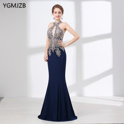 Navy Blue Halter Sexy Mermaid Evening Dresses Long 2018 Jersey Embroidery Sheer Back Formal Prom Evening Gown Robe De Soiree