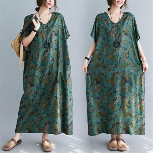 2021 Large Size Green Holiday Dress Women Clothing Vintage V-Neck Short-Sleeved Long Robe Female Dress Oversize Boho Beach Dress