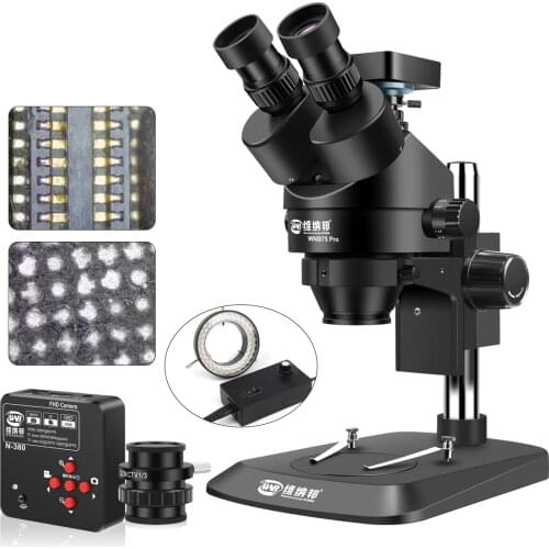 Black 7X-45X Simul-Focal Binocular/Trinocular Microscope Continuous Zoom LED Ring Light Source 3800W Pixel Ultra HD Camera