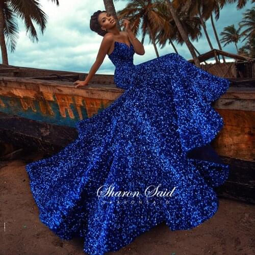 Sparkly Sequin Royal Blue Evening Dress Sexy Mermaid African Prom Dresses for Black Girls Graduation Party Wedding Formal Gowns