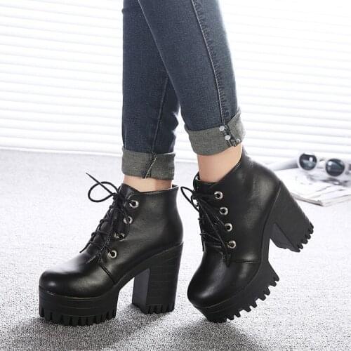Lace Up Boots Women Block Heels Platform Shoes Spring Autumn Combat Ankle Boots For Women Leisure Comfortable High Quality