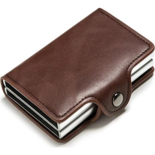 Credit Card Holder Metal Purse Crazy Horse Leather Mini Rfid Wallet Security Information Double Box Porte Carte