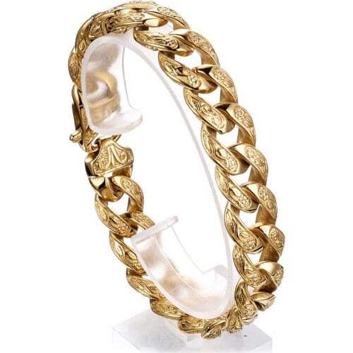 Hot Sale Stainless Steel Gold/Black Cuban Miami Chain Link Bracelets for Men Boys Hip Hop Rock Jewelry 15*220mm