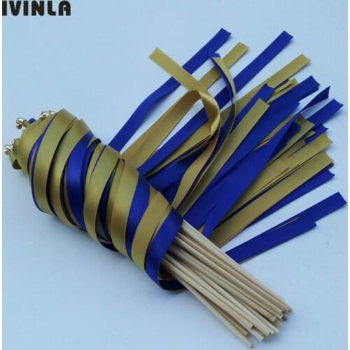 Hot 50pcs/lot gold and Blue wedding ribbon wands with gold bell ribbon Twirling Streamers wedding ribbon stick for wedding