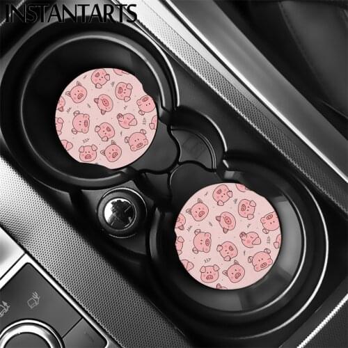 INSTANTARTS Lovely Pink Pig Prints 2pcs/Set Drink Cup Mat for Car Easy Removal Car Cup Holder Coasters Stylish Car Accessories