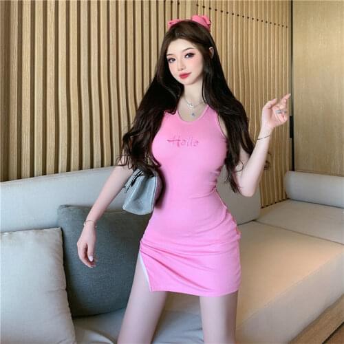 Summer sexy split vest dress 2020 new fashion mini party sleeveless embroidered letters slim slimming bag hip dress