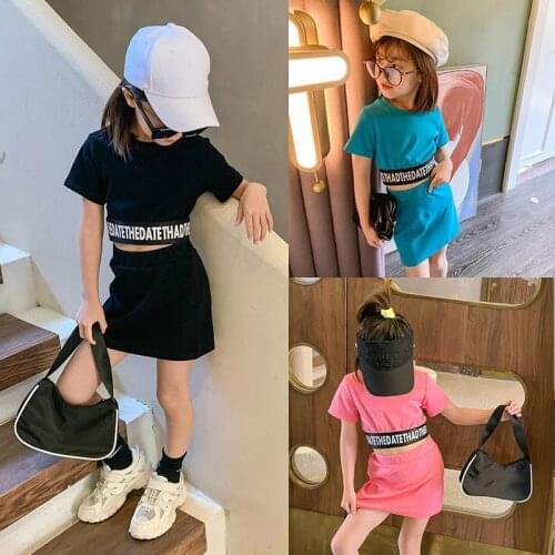 Summer 2 pcs kids girls clothes set baby crop top+skirt kids tracksuit children activewear streetwear casual tee letter 4 10 12