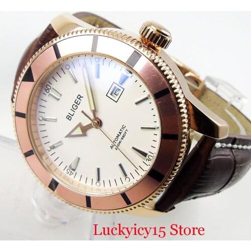 BLIGER 46mm White Dial Date Function Luminous Hand Rose Gold Round Case Mechanical Automatic Wristwatch