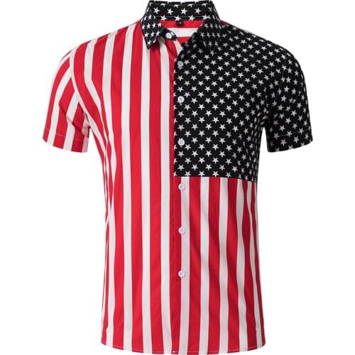 Patchwork Blue Star Red Striped Flag Dress Shirts For Men Short Sleeve Front Button Soft Cotton Young Boy Classic Casual Shirts