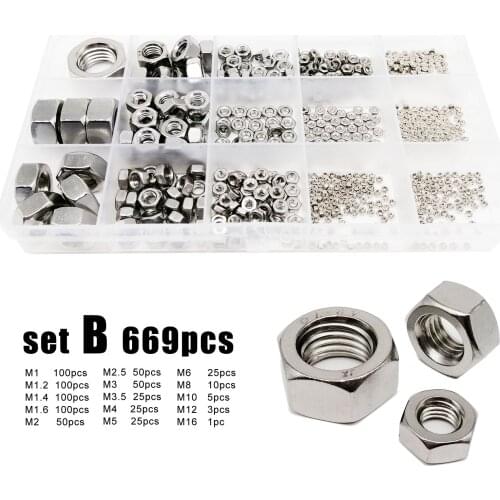 Total 445/669pcs M1 M1.2 M1.4 M1.6 M2 M2.5 M3 M3.5 M4 M5 M6 M8 M10 M12M16 304 Stainless Steel Hex Hexagon Nut Set Assortment Kit