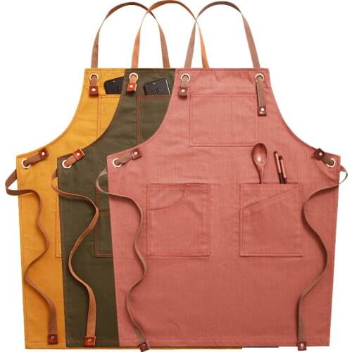 Solid Canvas Work Apron For Hairdresser Home Cleaning Baking Cooking Pocket Coffee Pinafore Master Apron For Kitchen Accessories