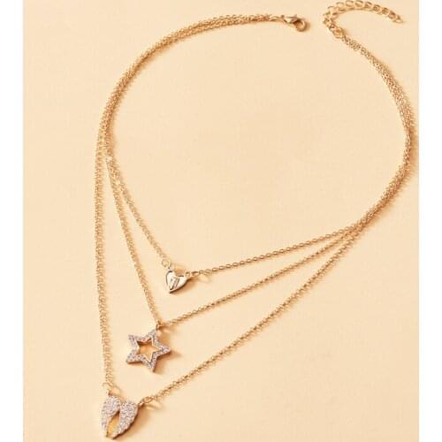 TIMEONLY Shining Rhinestone Star Heart Angel Wing Pendant Necklaces for Women Gold Metal 3 Layed Choker Necklace Jewellery