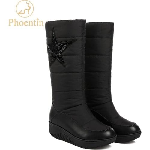 Phoentin genuine leather winter womens shoes warm short boots down snow boots women waterproof five angle star appliques FT307