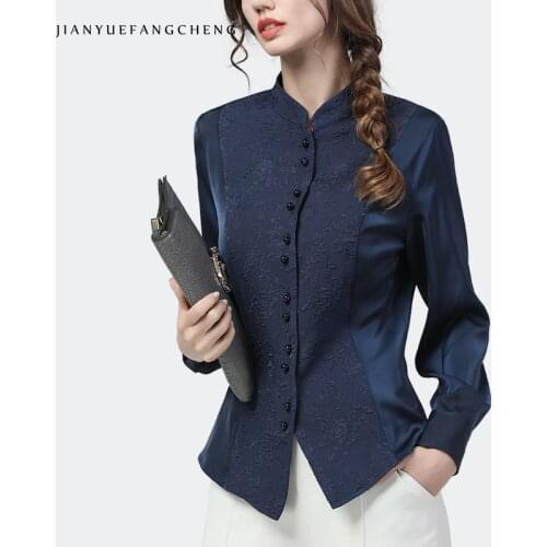2021 Spring New Women Satin Shirt Fashion Spliced Long Sleeve Stand Elegant Slim Outwear Jacquard Tops Female Office Blouses
