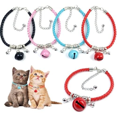 Handmade Leather Pet Cat Collar With Bell Adjustable Braided Leather Rope Pet Small Dog Collar For Puppy Kitten Cats Bell Collar