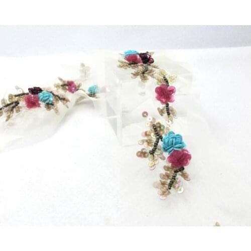 Wide Colorful Beaded and Sequined Embroidered Ribbon Trim|Beaded Embroidered Trim|Organza Trim|Handsewn|Craft Supplies