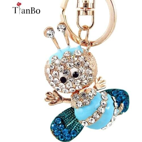 TinBo Blue Enamel Cute 3D Bee Rhinestone Crystal Keyrings cover Key Chains Holder For Car Purse Bag Pendant Buckle Best Gift