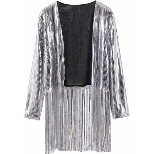 BE HYGGE 2020 New Women Fashion Fringed Sequin Loose Jacket Sexy Singer Dancer Jacket Female Personality Suit Cape 3/4 Sleeve