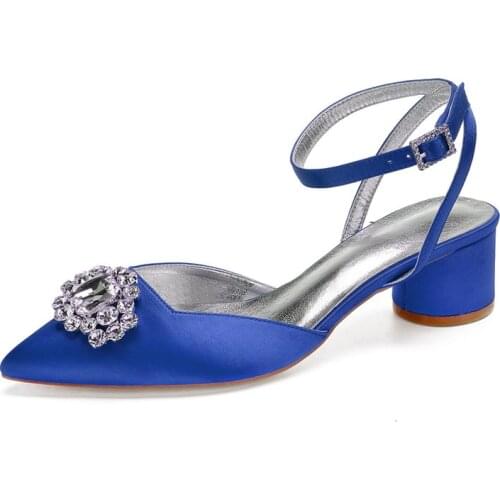 Low Heels Satin Women Shoes Pointed Toe Heeled Ankle Buckle Strap Wedding Prom Evening Formal Party Dress Ladies Shoes