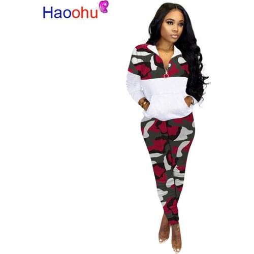Camouflage Panelled Fitness 2 Piece Set Women Clothes Long Sleeve Zipper Front Pockets Hoodie + Straight Pants Fleece Tracksuits