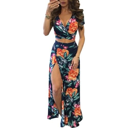 Print Floral Skirt Two-Piece Set Women 2021 Summer Lady Sexy V Neck Hollow Out Crop Top & Slit Long Skirts 2 Piece Sets Clothing