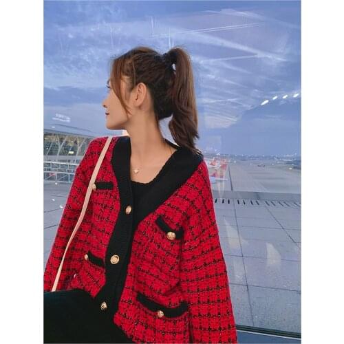 Obrix Plaid Pattern Sweet Office Lady Female Cardigan V-Neck Full Sleeve Loose Pockets Buttons Cardigan For Women