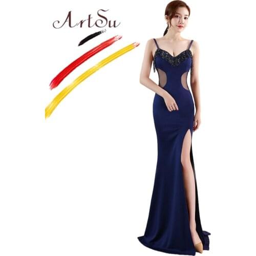 ArtSu Crystal Beading Sexy Robe De Soiree Women High Split Floor-Length Maxi Party Mermaid Dress Satin Black Vestidos De Fiesta