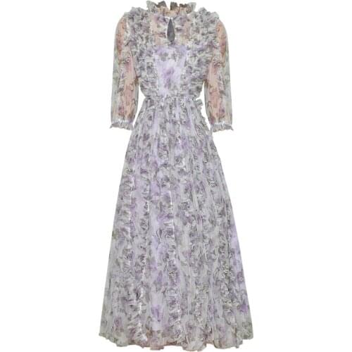 Designer High Quality 2021 Summer New WomenS High Street Fashion Party Casual Vintage Elegant Chic Mesh Print Midi Dress