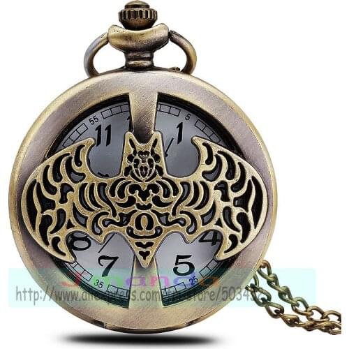 100pcs/lot bat style hollow out pocket watch retro design quartz necklace watch white dial clock for unisex wholesale