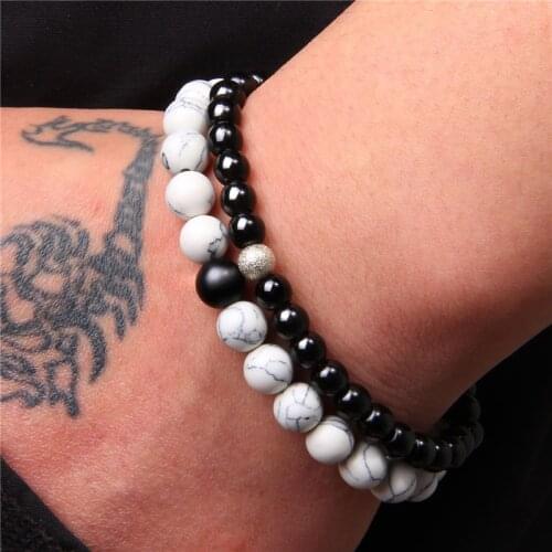 2pcs/set Couples Beaded Bracelet Natural Onyx Stone White Turquoises Beads Charm Bracelet for Men Women Energy Jewelry Gifts