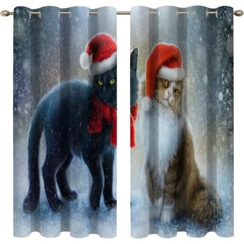 2 Pcs/set Christmas Cats Thickened Cloth Curtain Nordic Window Blackout Curtains for Bedroom and Living Room